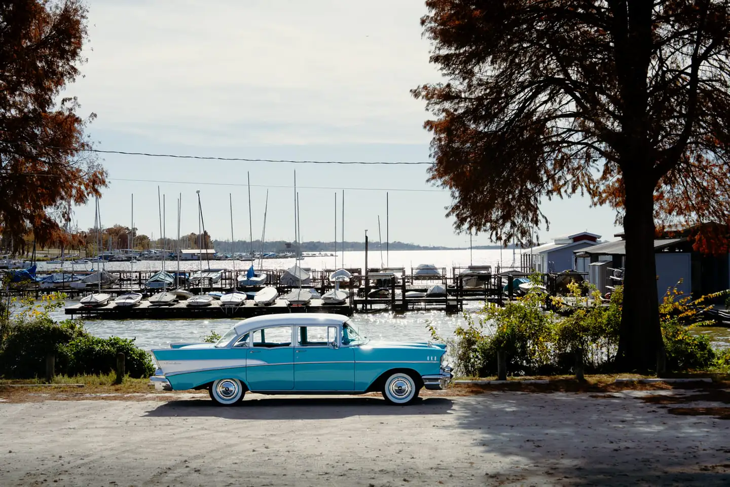 Turquoise and white 1957 Chevrolet Bel Air classic car