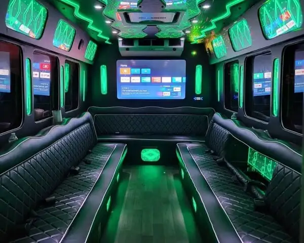 Black 20-passenger party bus with LED lighting