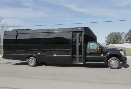 Black 20-passenger party bus with LED lighting